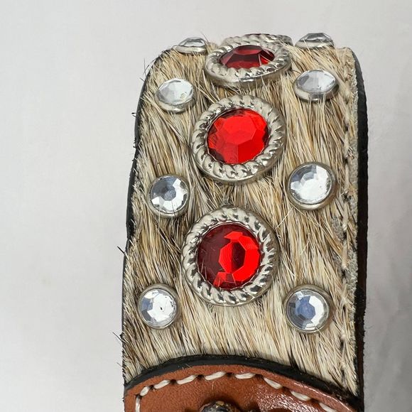 3-D western belt 28 calf hair gems crystals DDD silver hardware red leather - Picture 10 of 13